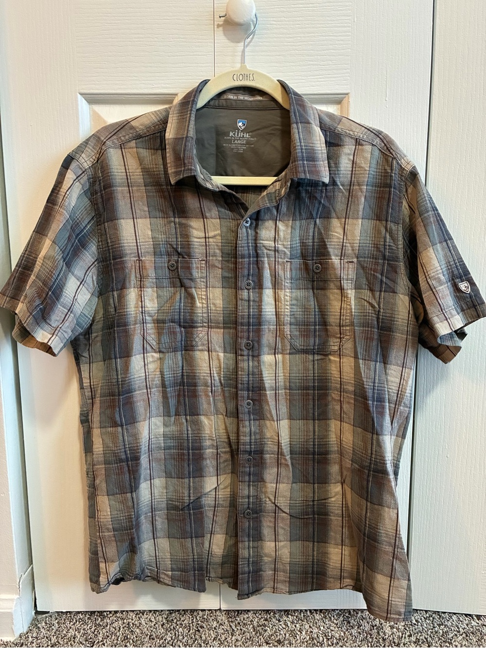 Kuhl Men's Short Sleeve Plaid Button-Down Shirt in Brown and Blue